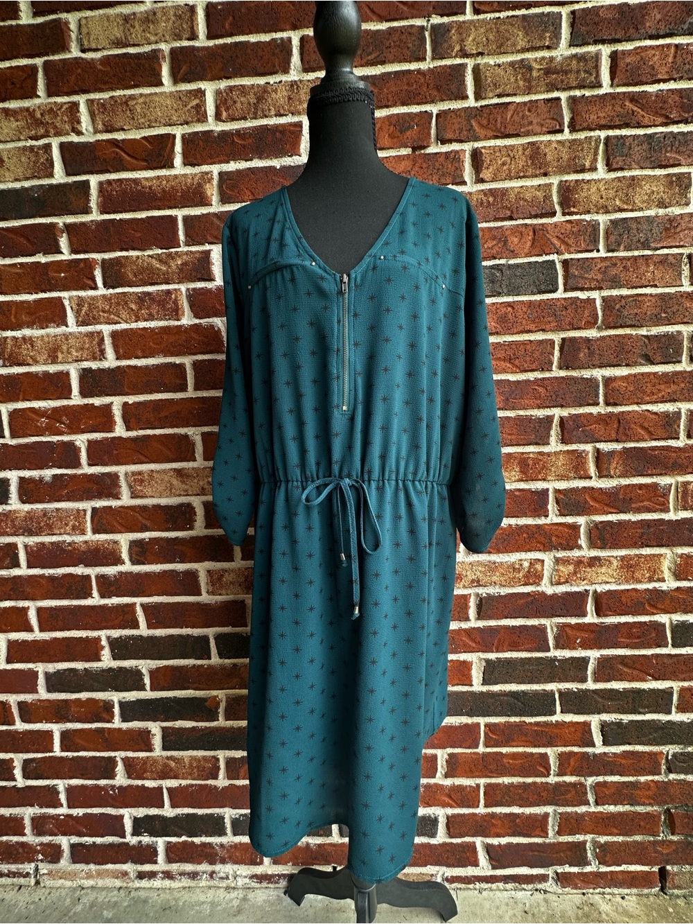 Maurices Teal Star-Print Long Sleeve Drawstring Dress